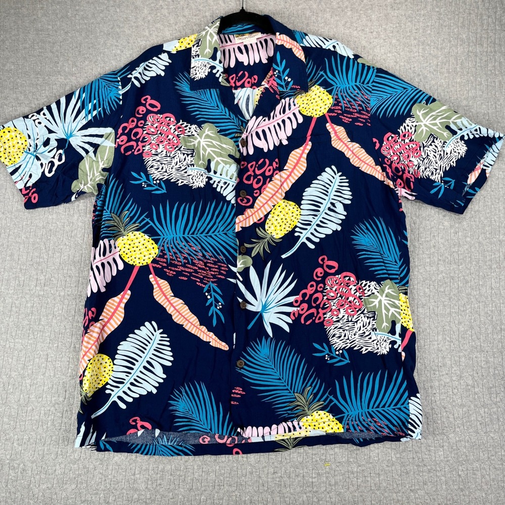 Vintage Winnie Fashion Hawaiian Shirt Men L Navy Blue Pineapple Palm Leaf Rayon